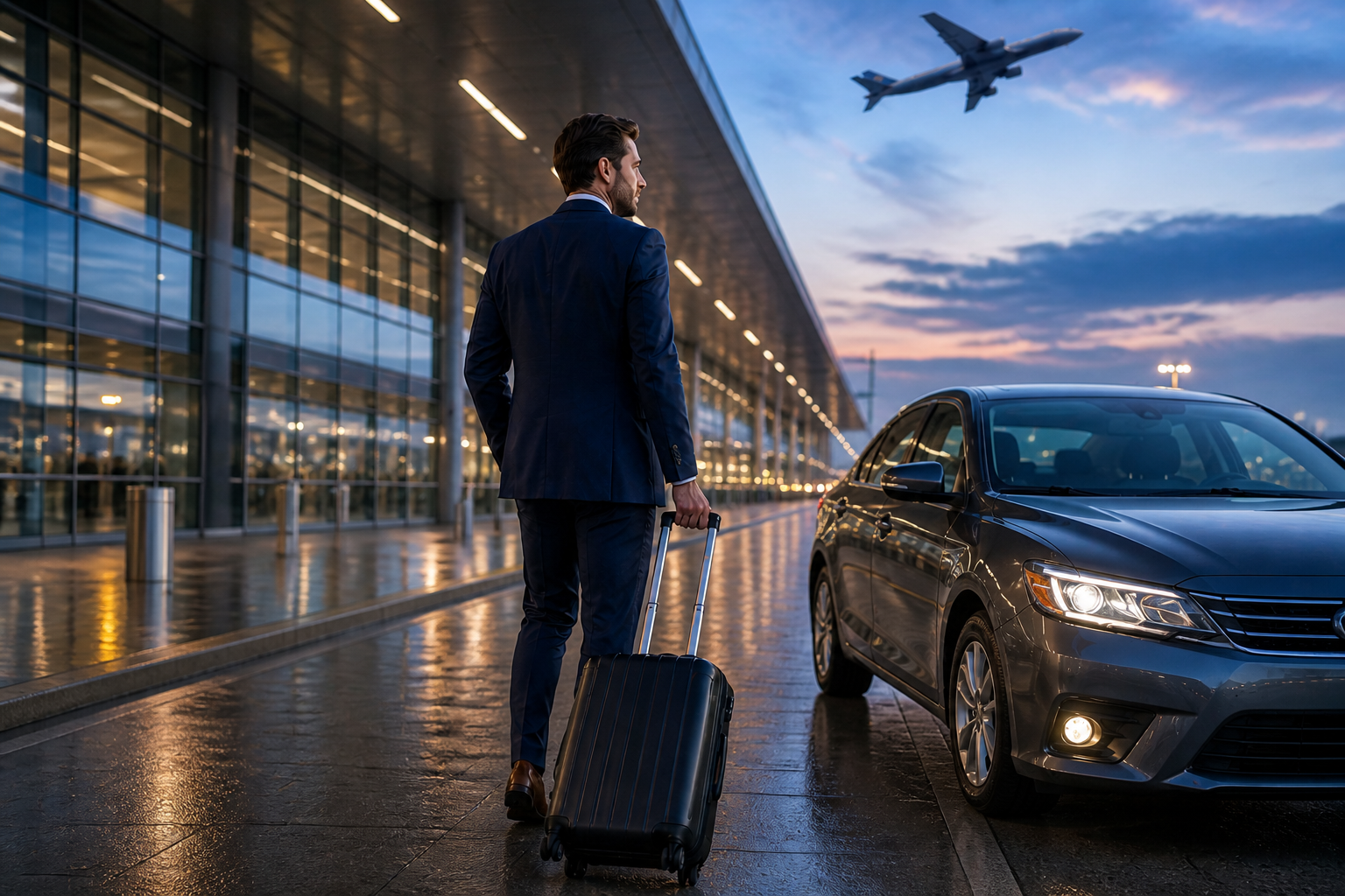 Business traveler with luggage meeting prearranged transportation outside an airport terminal